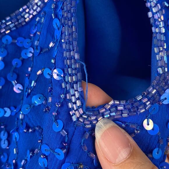 SCALA Vtg Iconic Blue Heavily Beaded Sequin Cut Out Maxi Gown Dress SZ XS - Picture 9 of 9